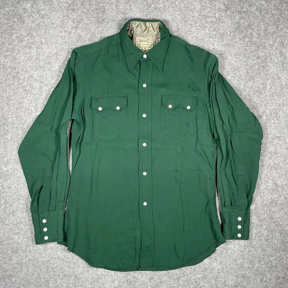 VTG 60s 70s H Bar C Ranchwear Western Pearl Snap gaberdine Shirt Green sz Small